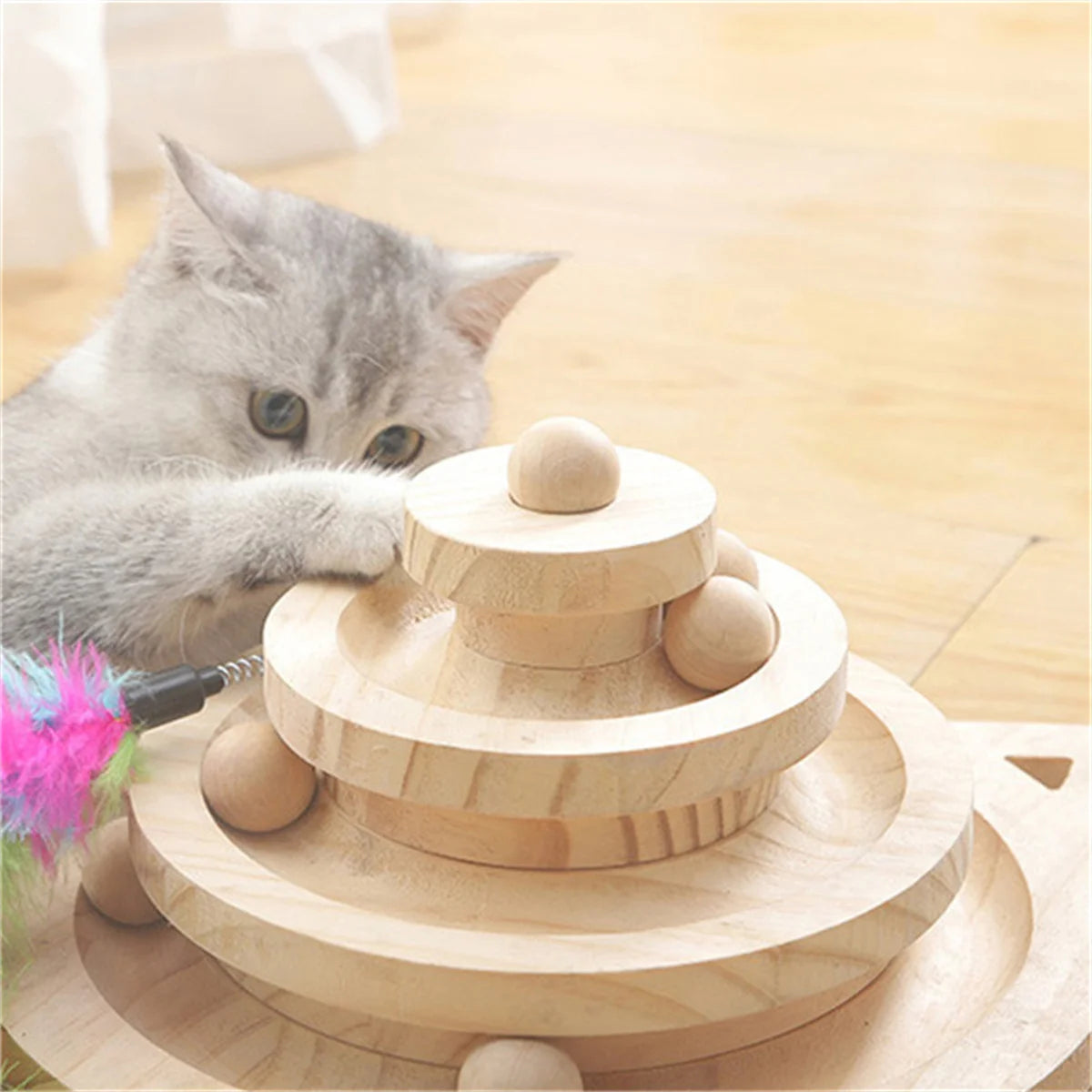 Wooden Multi-Level Cat Toy Tower